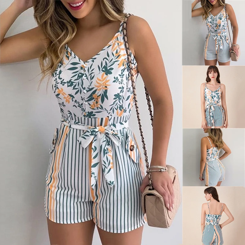 Women Summer Print Jumpsuit With Belt Sleeveless Beach Rompers Bodycon Slim Strap Bodysuit Wide Leg Overalls Playsuit Clothing