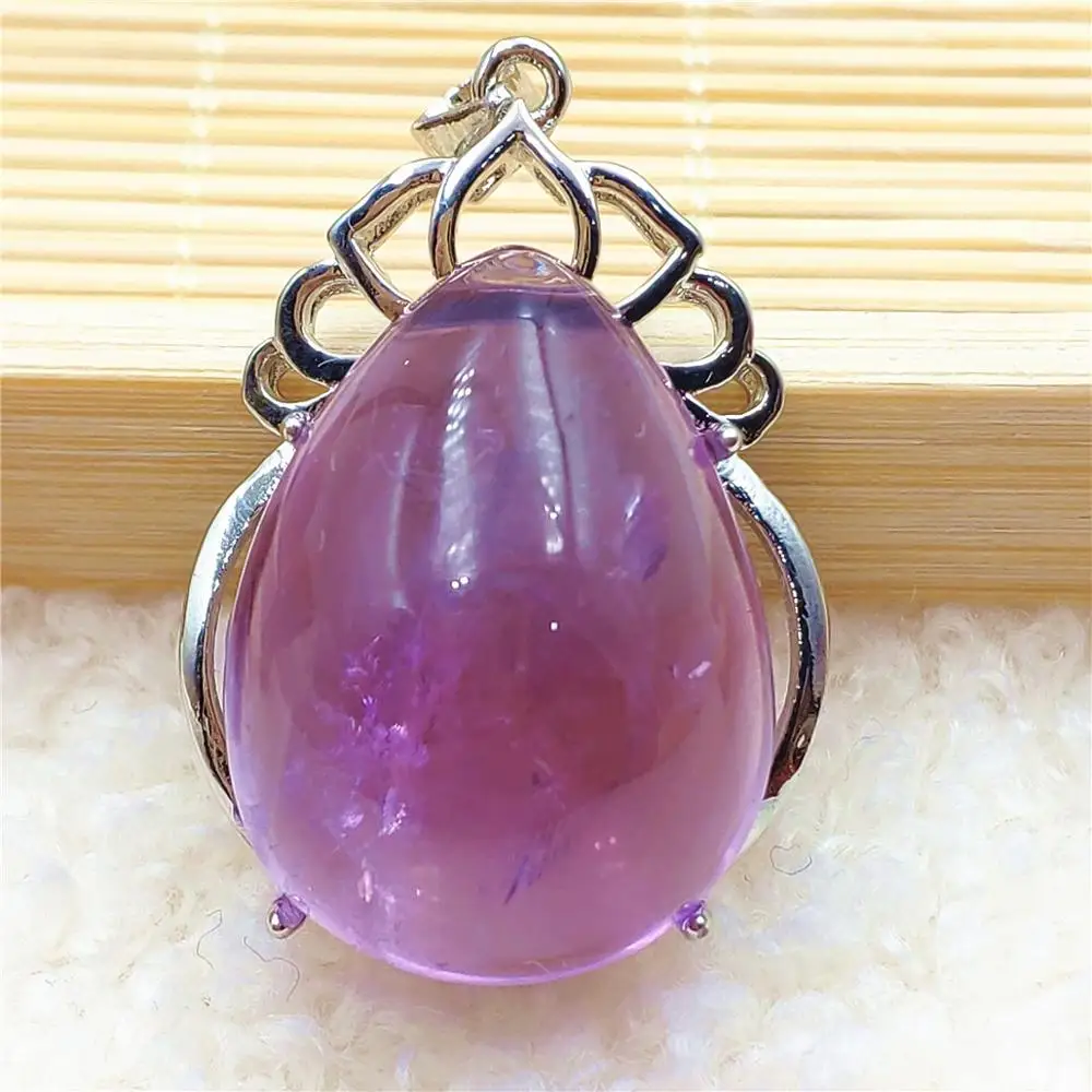

31x22mm Natural Purple Amethyst Quartz Water Drop Pendant Women Men Amethyst Necklace Brazil 925 Sterling Silver AAAAA