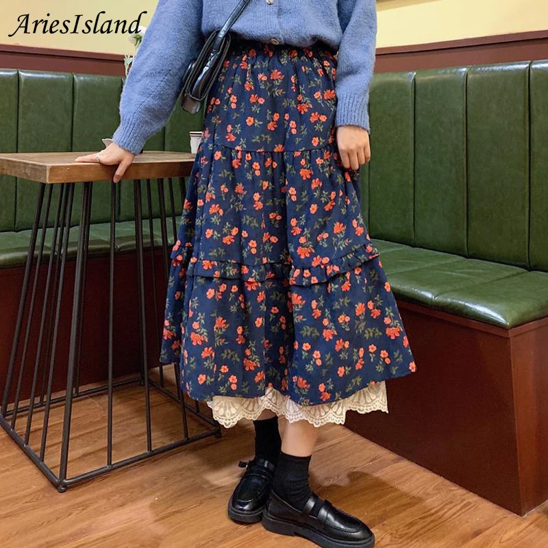

Skirt pleated High-waisted skirt Retro Floral Woman clothes Summer skirts womens 2020 Lace korean fashion Elegant Long skirts