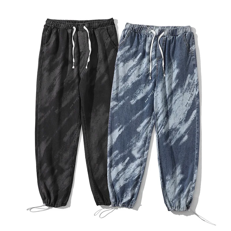 2021 New Fashion Tie Dye Cotton Men Baggy Jeans Trousers Distressed Hip Hop Vintage Joggers Denim Pants Sweatpants Male Pantalon