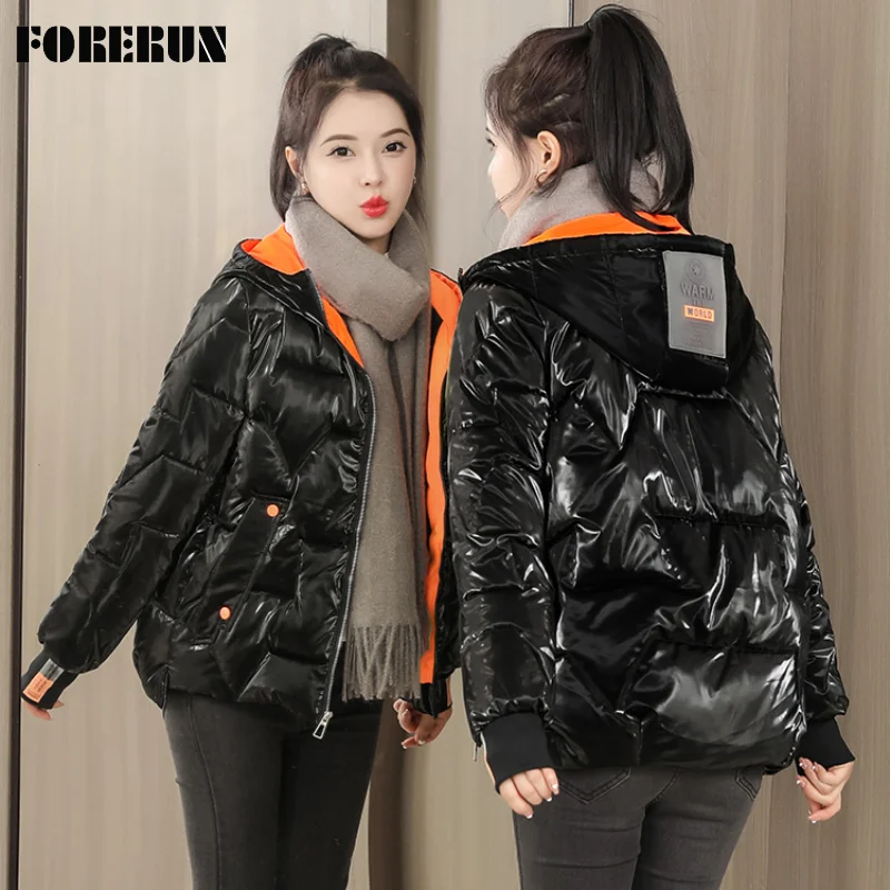 

FORERUN Puffer Jacket Women Glossy Letter Patches Hooded Pocket Waterproof Raincoat Cotton Padded Korean Fashion Winter Coat