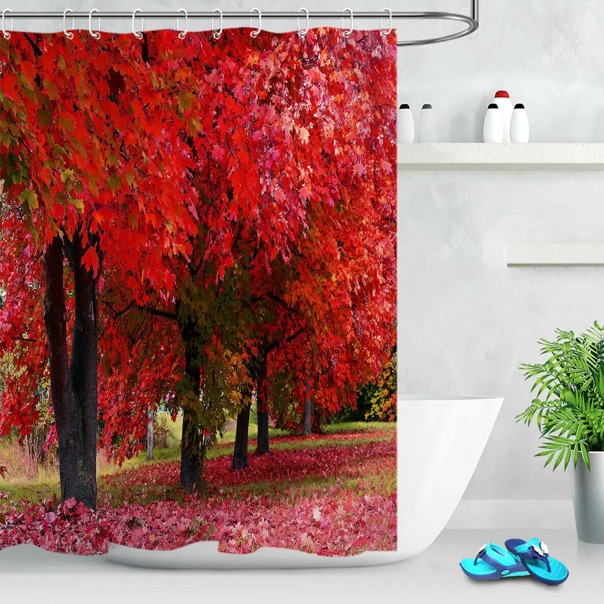 

Autumn Park Red Maple Forest Bathroom Fabric Shower Curtain Set w/ Free Hooks