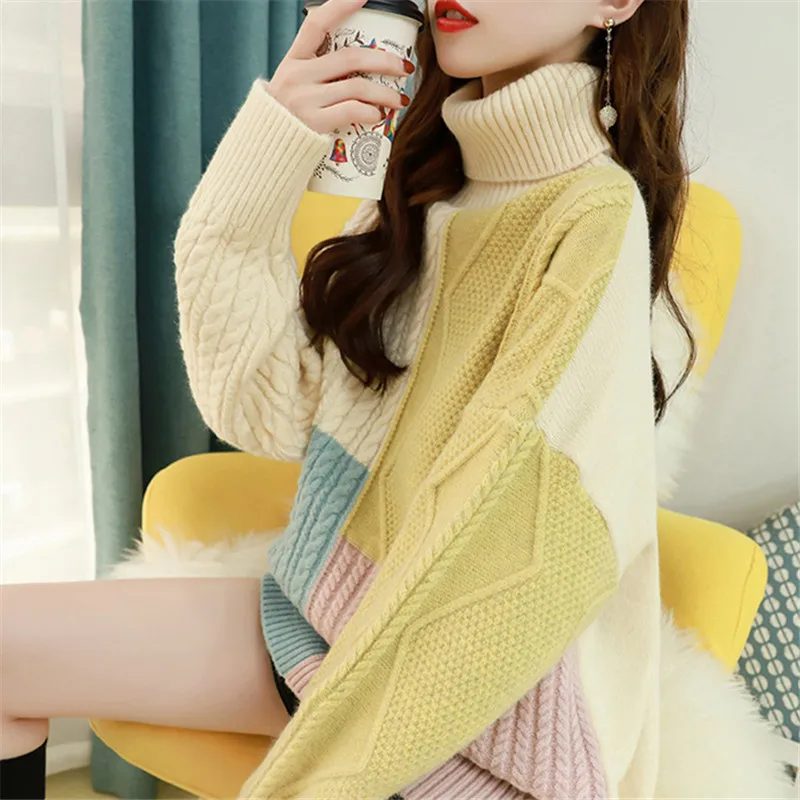 

Korean Fashion Turtleneck Knitted Sweater Women Loose Patchwork Tops Winter Thick Warm 3 Color High Collar Knit Pullover Female