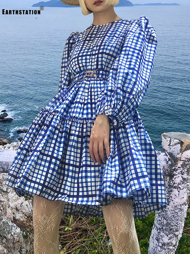 

Designer style retro check pattern round neck pullover strap waist loose puff sleeve dress ladies autumn new fashion puff skirt