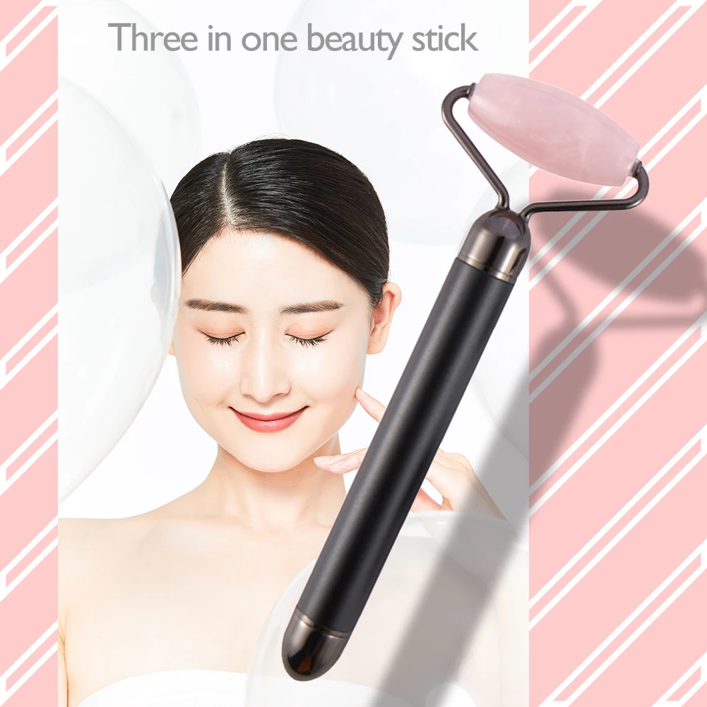 

3 In 1 Electric Jade Roller Slimming Face Massage Lifting Vibrating Natural Rose Quartz Jade Roller Stone Facial Beauty Tool