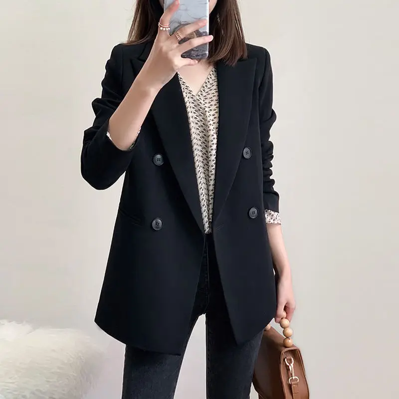 PEONFLY – Blazer noir à manches longues pour femmes  manteau d'affaires rétro avec poches  Double