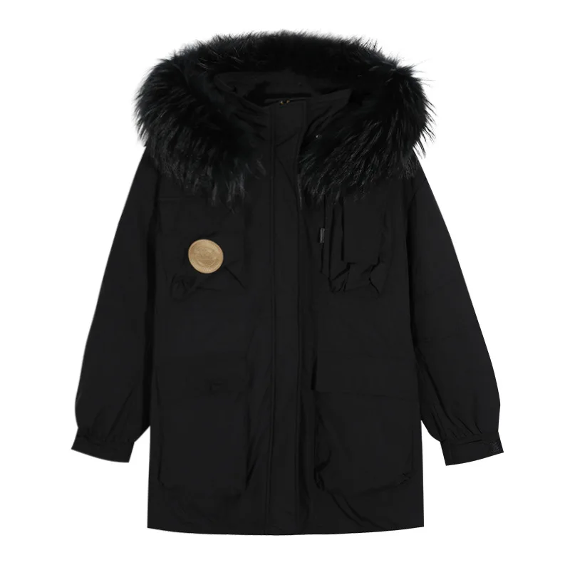 

White duck down jacket women's mid-length 2021 winter warm hooded raccoon fur collar tooling jacket tide