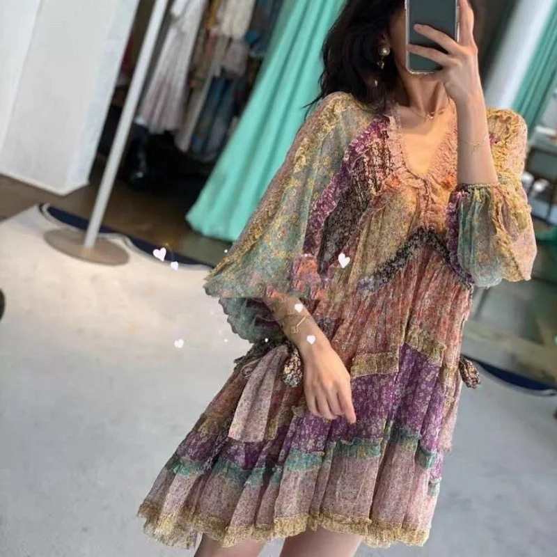

Summer 2022 New Womens Print V-Neck Mixed Colors Elegant Dress Korean Style Fashion Long Sleeve Puff Sleeve Casual Dress
