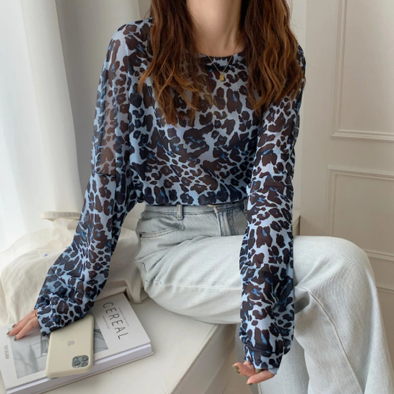 

New Korean Style Loose Mid-length Tops 2021 Sunscreen T-shirts Leopard Print Thin Round-neck Long-sleeved Women Summer T-shirt