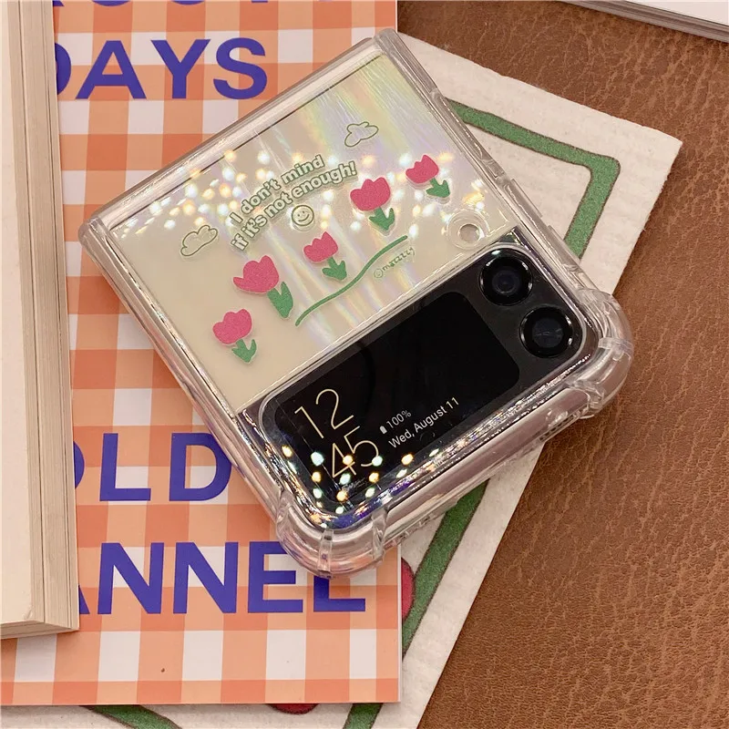 

For Galaxy ZFlip 3 Case Transparent Tulip 5g Cute Soft Shell Cover for Galaxy Z Flip 3 Funda Para Kawaii Big Pearl Bracelet