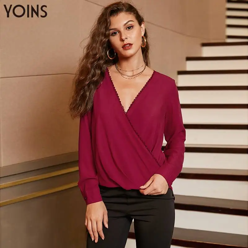 YOINS элегантная шифоновая блузка с v образным вырезом спереди и кружевной отделкой