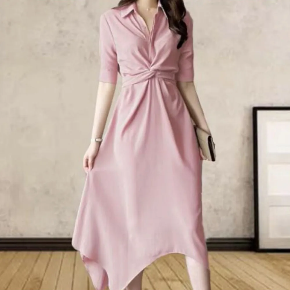 Простое асимметричное платье в Корейском стиле офисное женское с отворотом