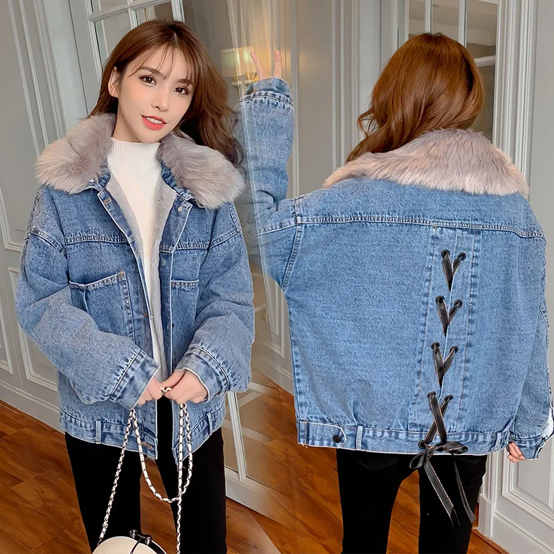 Женская джинсовая куртка DAYIFUN зимняя кашемировая из овечьей шерсти в Корейском