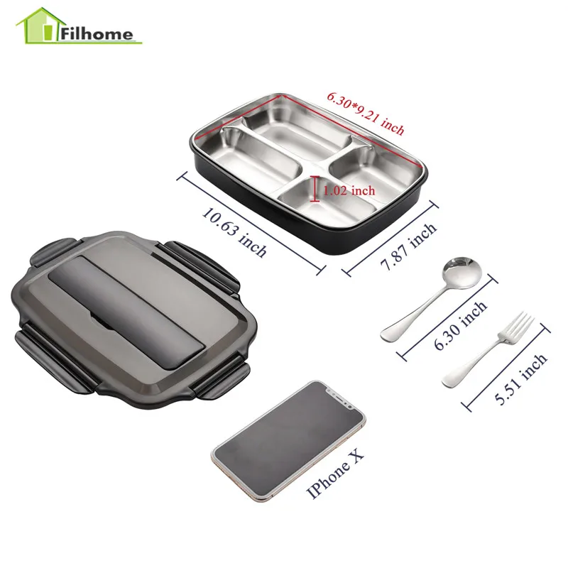 

Filhome 1 Layer 4 Grids Thermal Lunch Box Food Containers Compartments Leakproof Bento Box With Tableware Foods Container Box