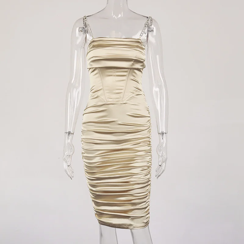 

2021 spring and summer new women's party sexy diamond shoulder fold fishbone satin skirt dress
