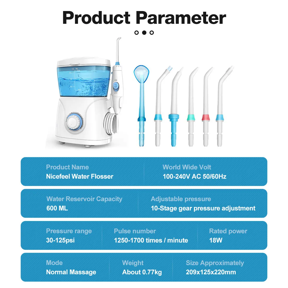 

Nicefeel 600ML Oral Irrigator Dental Water Irrigator Flosser Water Jet with 7pcs Tips Teeth Cleaner Dental Family Oral Care SPA