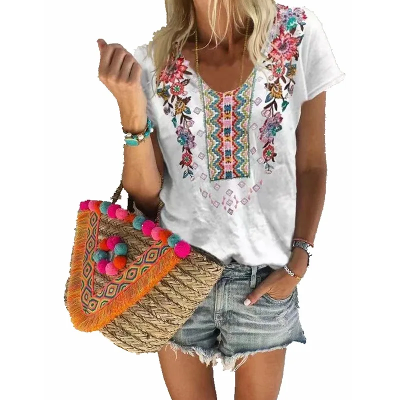 

New 2021 Summer Women's Blouse, Printed U-neck Short-sleeved T-shirt Women