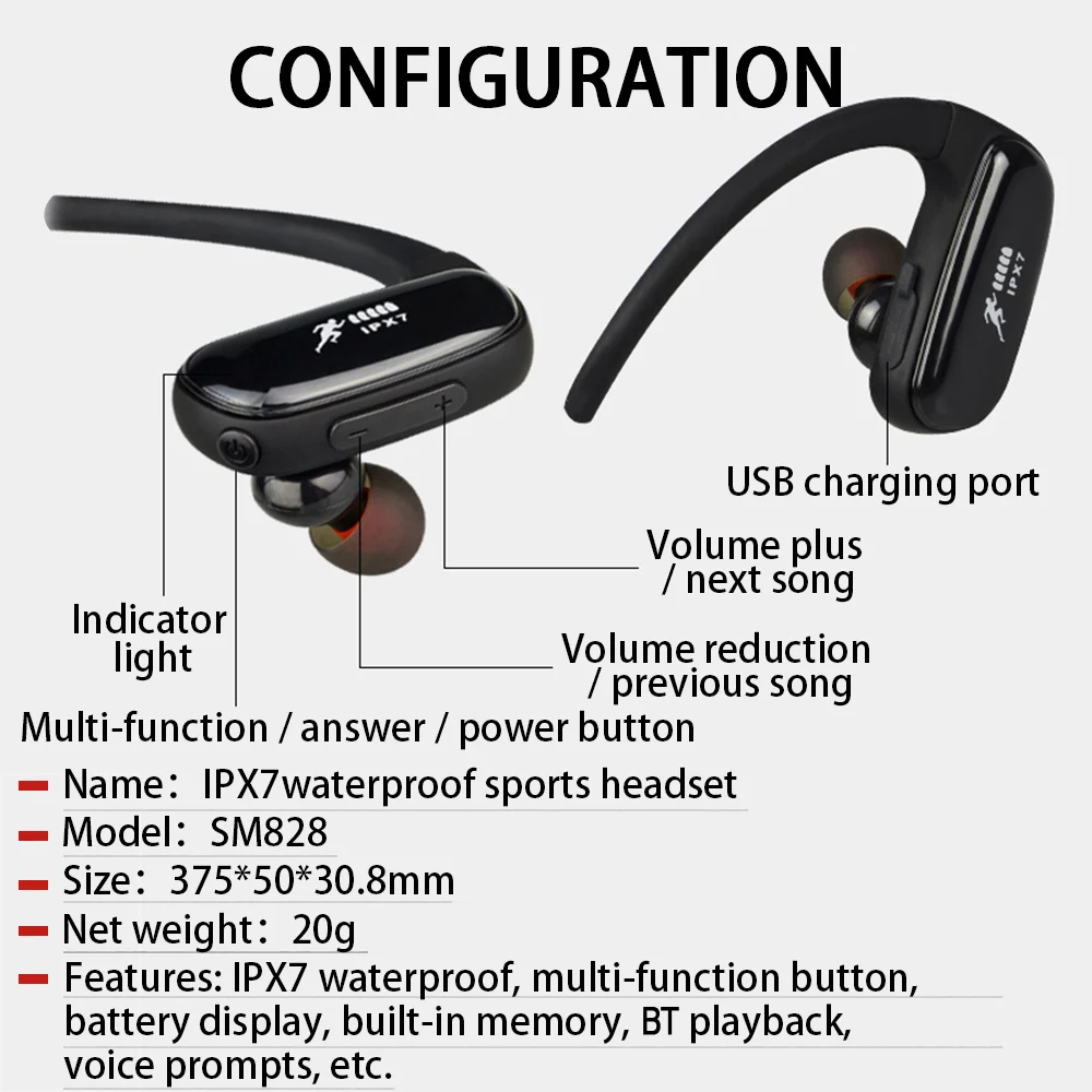 SM828 IPX7 водонепроницаемые наушники беспроводные Bluetooth 16 ГБ MP3 плеер стерео