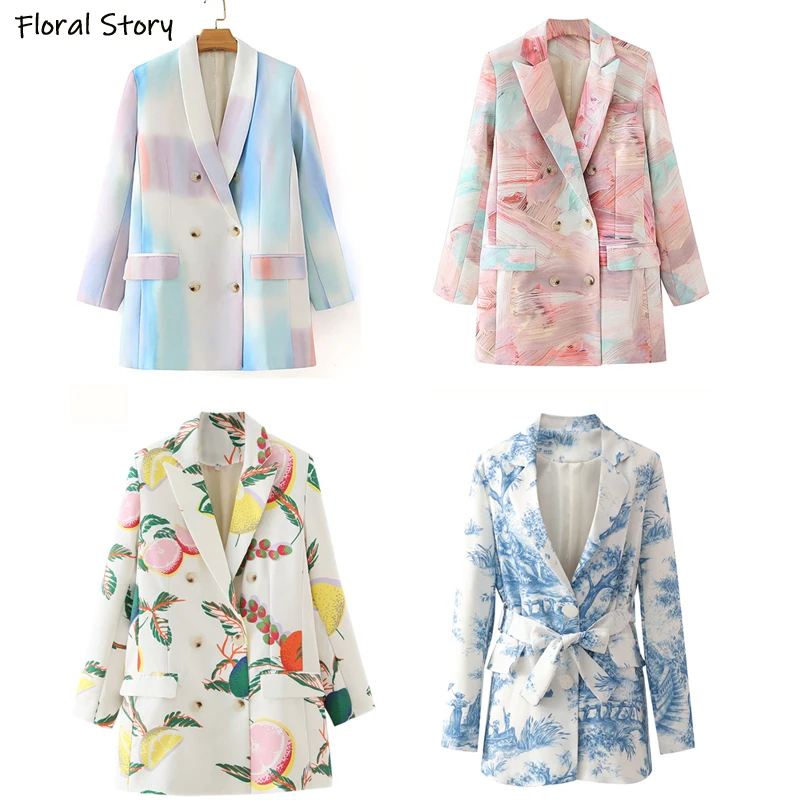 FLORAL STORY Women Long Sleeves Elegant Blazer Spring & Autumn Fashion Printed Casual Chic Coat Loose Outwear Office Lady Suit