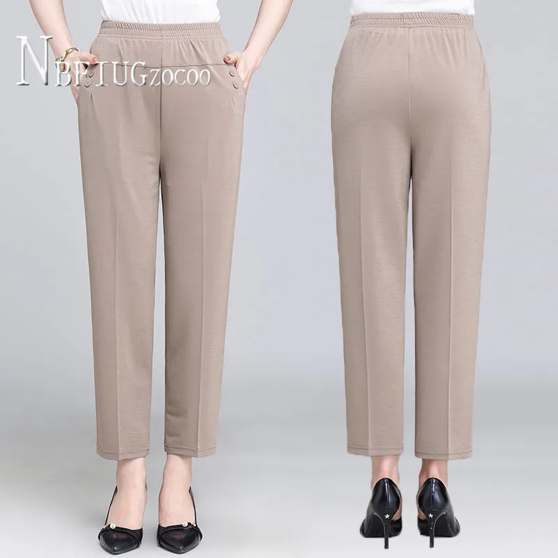 

Black And Khaki Color Women Pants Elastic Waist Pocket Straight Female Trousers