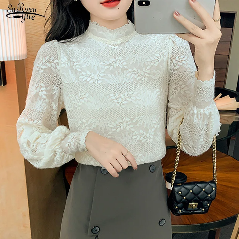 

Sweet Hollow Lace Blouse Elegant Autumn Long Sleeve Bottoming Shirt Women Stand Collar Slim Women's Long Sleeve Top Blusas 16985