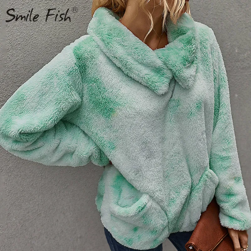 

Women Winter Pockets Sweatshirts Casual Lady Teddy Fleece Pullovers Tie Dye Print Autumn Hoodies Sweet Femme Hoodies G1943