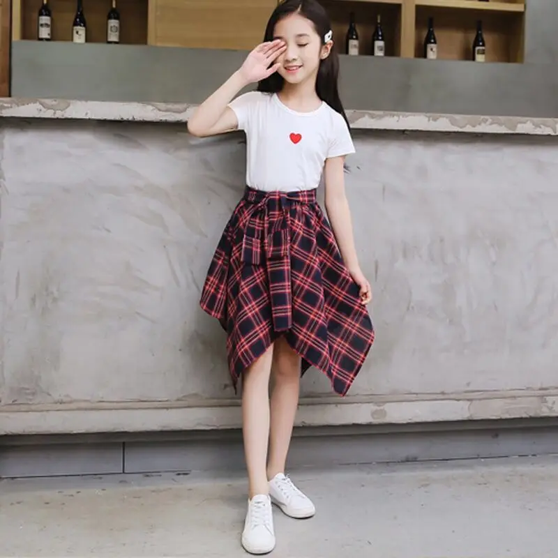 whiteteeplaid skirt MERI AMMI/комплект одежды для маленьких девочек, кружевная футболка без рукавов, топ с цветочным рисунком+ юбка с бантом, верхняя одежда для От 2 до 11 лет, детей - Цвет: whiteteeplaid skirt
