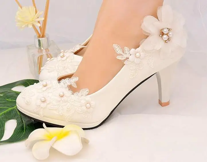 

8cm wedding shoes bridal lace pumps party pearls dancing shoes heels large size 35-42