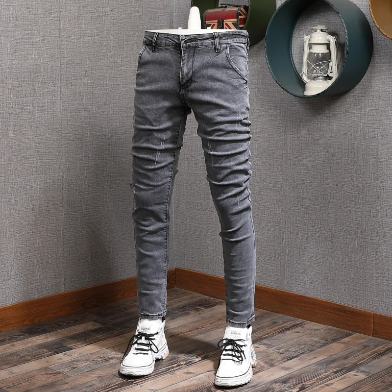 Korean Style Fashion Men Jeans Retro Gray Elastic Cotton Slim Fit Casual Ripped Jeans Men Vintage Designer Denim Pencil Pants