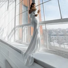 Свадебное платье-Русалка UZN с открытыми плечами, V-образным вырезом и короткими рукавами, атласное свадебное платье, дешевые простые свадебные платья