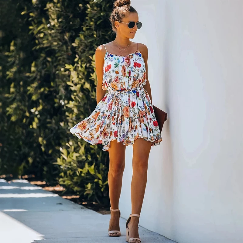 

Women Sexy Spaghetti Strap Dress 2021 Summer Loose Backless Ruffles Lace-Up Casual Boho Floral Print Mini Sundress Beach Vestido