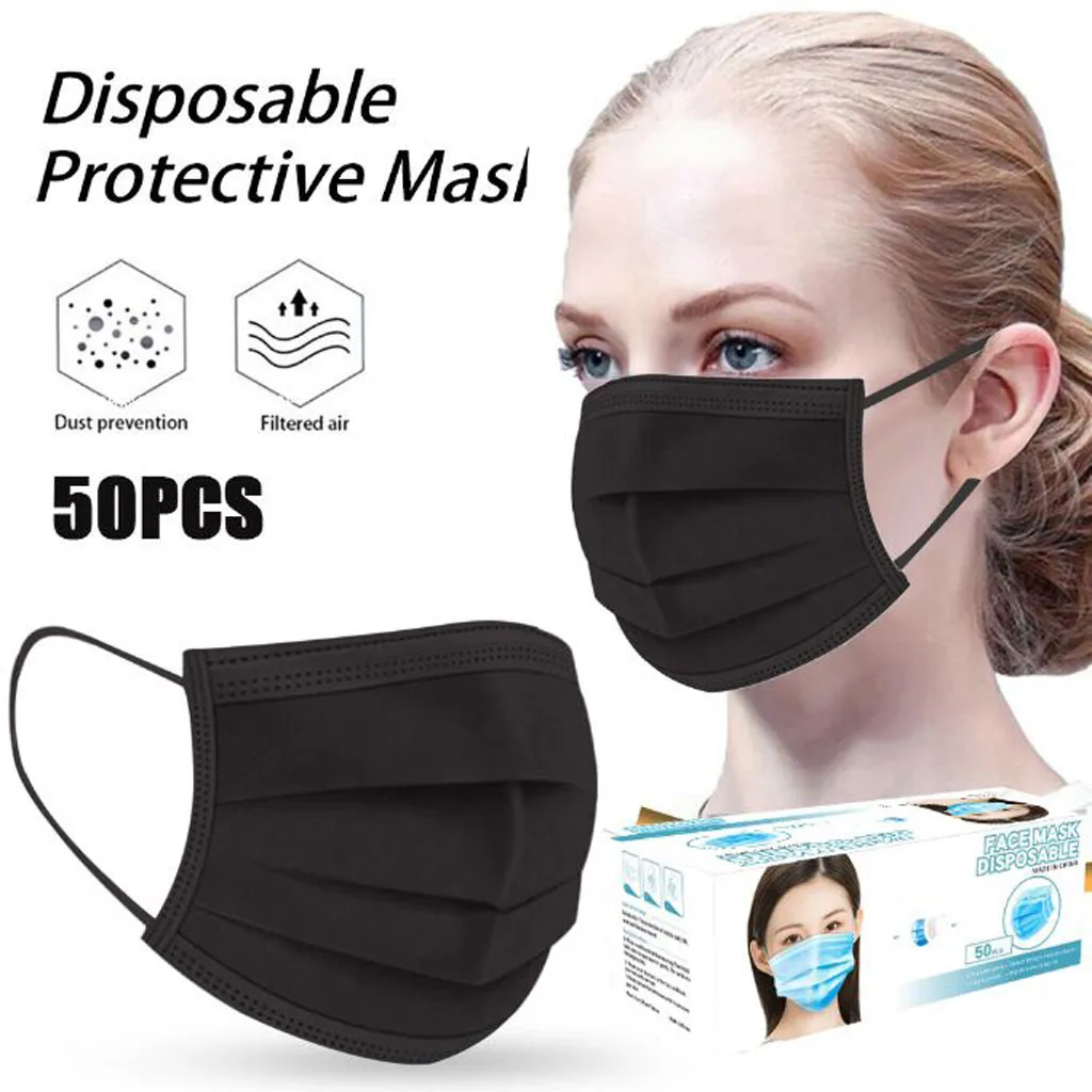 

50pcs Washable Elastic Earloop Face Breathing Mask Anti-dust Cotton Mouth Mask Fashion Black Mask For Adults Halloween Cosplay