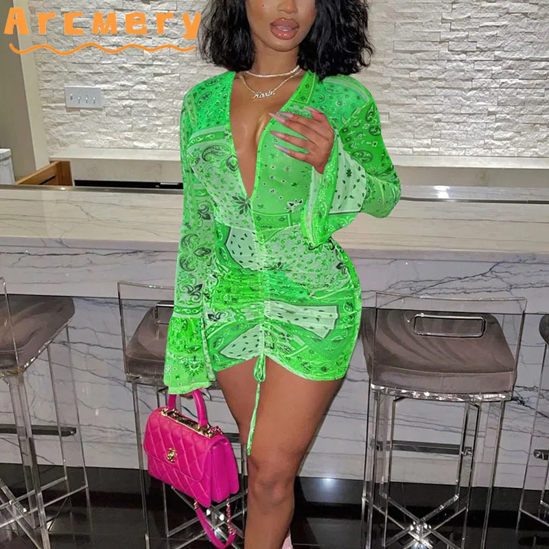 

Flare Sleeve Women Printed V Neck Vintage Mesh Bodycon Mini Dress