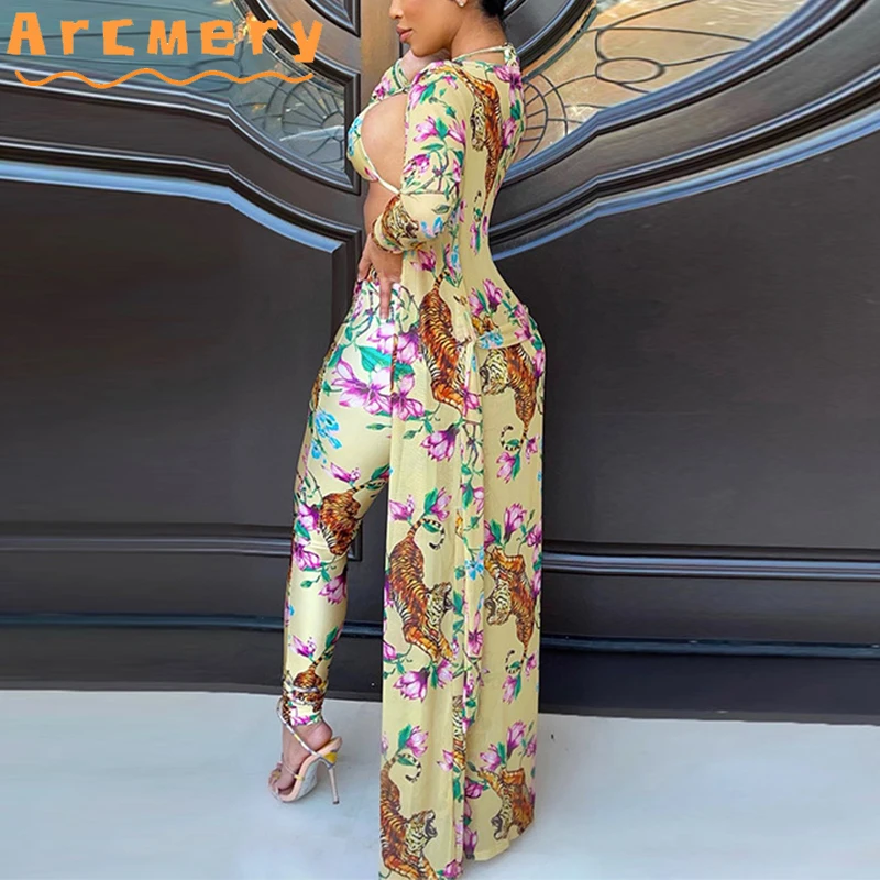 

3 Pieces Pants Sets Women Printed Hatler Top & Pants & Cover Up