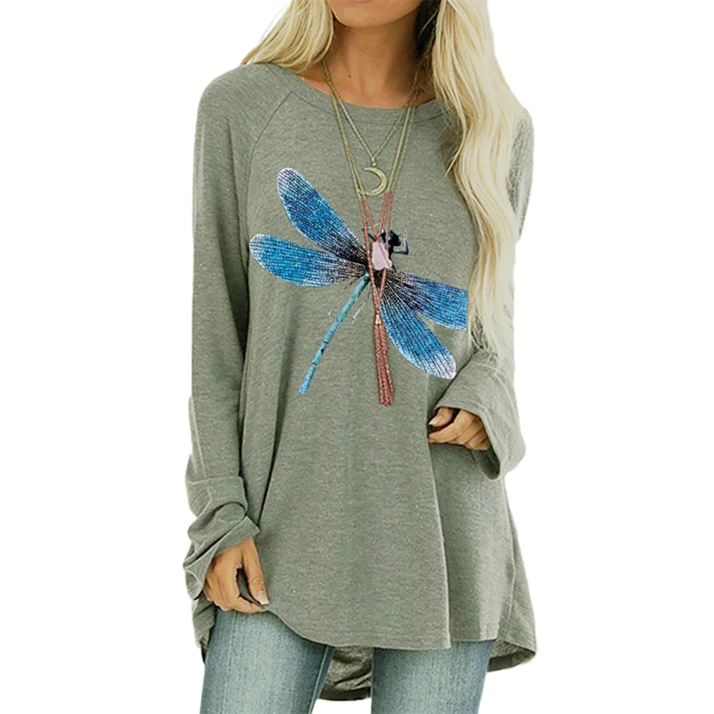 Женский пуловер со стрекозой повседневный летний топ с длинным рукавом и круглым