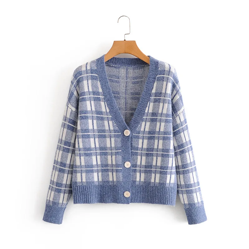 

Eurpean Style Plaid Knitted Sweater 2020 Women V-Neck Sweet Cute Long Sleeve Cardigan Sweater Casual Loose Office Chic Tops