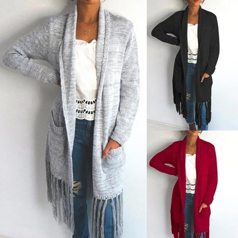 ZOGAA Autumn Long Sweater Women Four-color Cardigan Winter Female Solid Slit Loose Tassel Knit Coat Casual Outwear |
