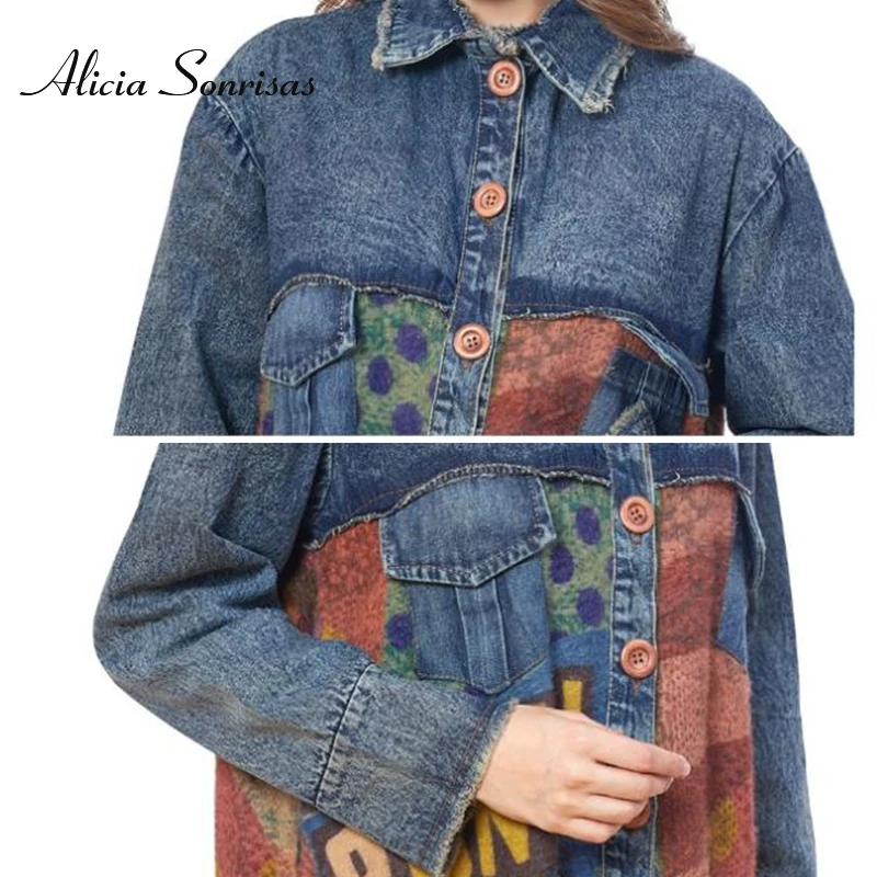

2021 New Women Denim Jacket Mink Stitching Jeans Printed Cardigan Knitted Turn-down Collar Letter Printed Coats