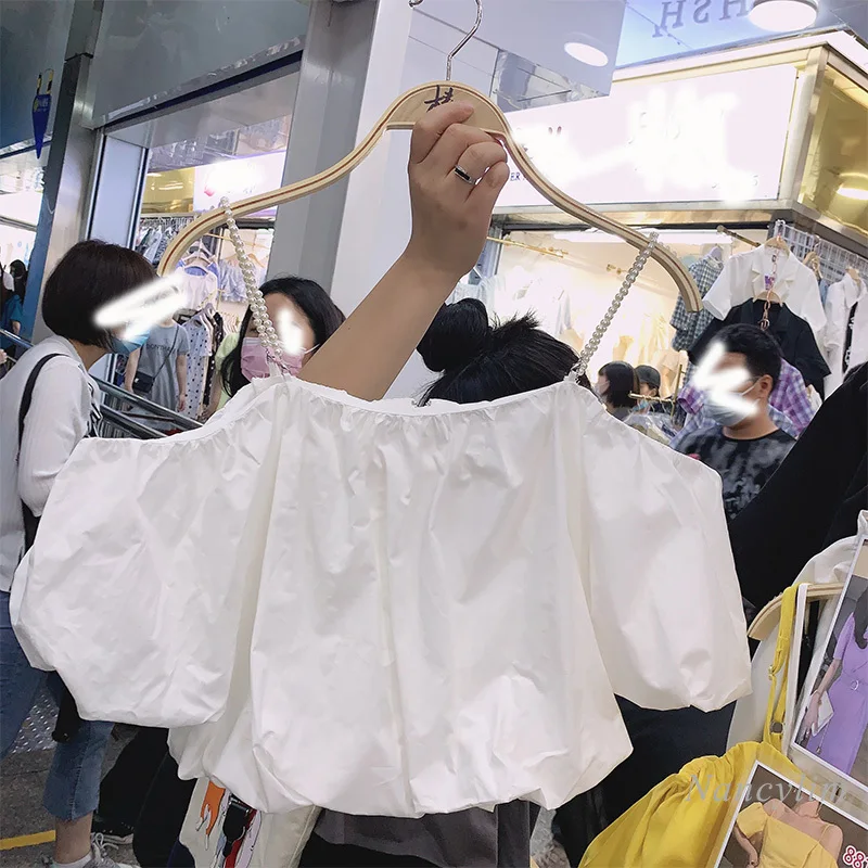 

Elegant Off Shoulder Crop Top for Women Puff Sleeve Pearl Suspender Strap Shirt Solid Color Blouses Girls Ladies Blusas Cotton