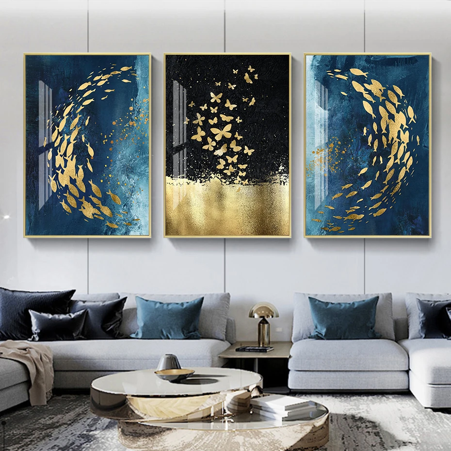 

Modern Abstract Gold Fish Symmetry Blue Background Painting Poster Print Wall Art Pictures Office Living Room Home Decoration
