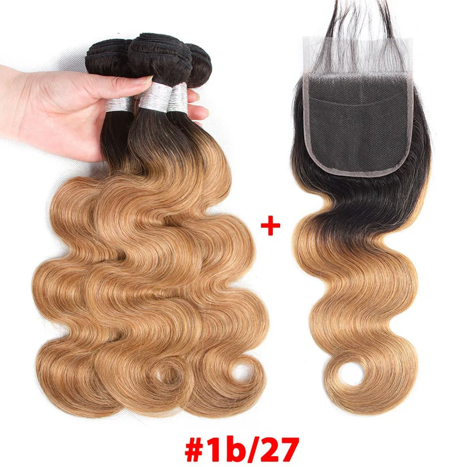Ombre 1B/99J пряди с застежкой человеческие волосы волнистые 1B/27 бразильские 3 Closure1B/4/27