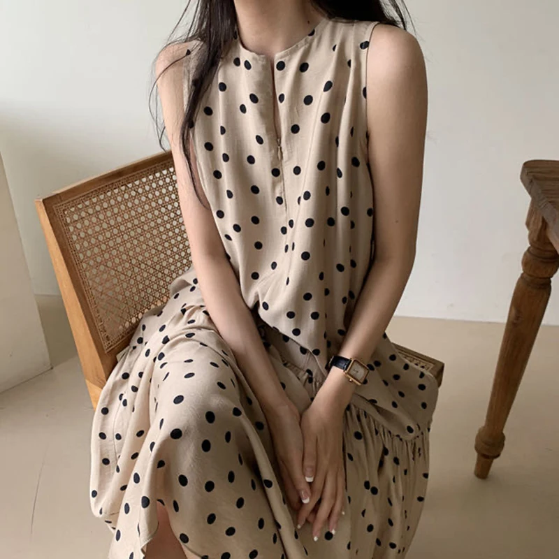 

O-Neck Polka Dot Summer Dress Women Vintage Sleeveless ZZipper Loose Long Hliday Dress Korean A Line Elegant Casual Z402