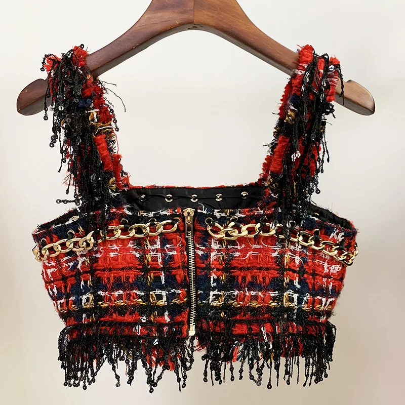 DEAT Women Red Plaid Tassel Chain Tank Tops New Square Collar Sleeveless Personality Slim Fit Fashion Tide Summer 2021 7E0832