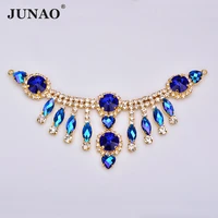 junao 15560mm sewing blue ab glass rhinestone fringe chain gold metal trim claw crystal applique connector for diyjewelry