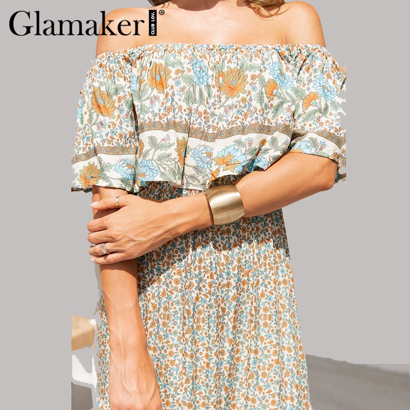 Glamaker Sexy off shoulder boho holiday dress Floral print ruffles high waist loose beach Women spring maxi new | Женская одежда