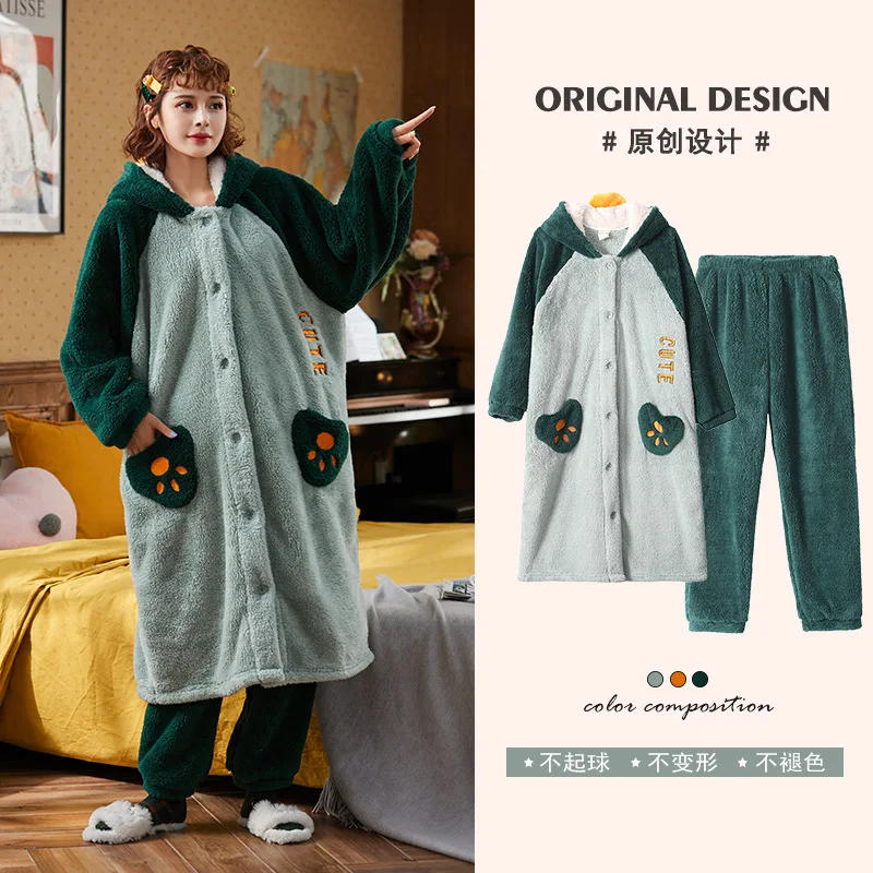 

Harajpee Women Pajamas 2021 Winter Japanese Sweet Kawaii Style Cute Cat Paw Pocket Hooded Nightgown Trousers Home Wear Suits