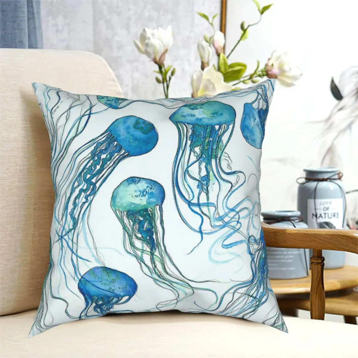 

Light Blue Jellyfish Ocean Pillow Cushion Cover Decorative Pillowcases Case Home Sofa Cushions 40x40,45x45cm(Double Sides)