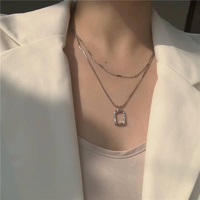 925 Sterling Silver Geometric Square Pendant Double Layer Necklace Simple Personality Clavicle Chain Ladies Exquisite Jewelry | Украшения и - Фото №1