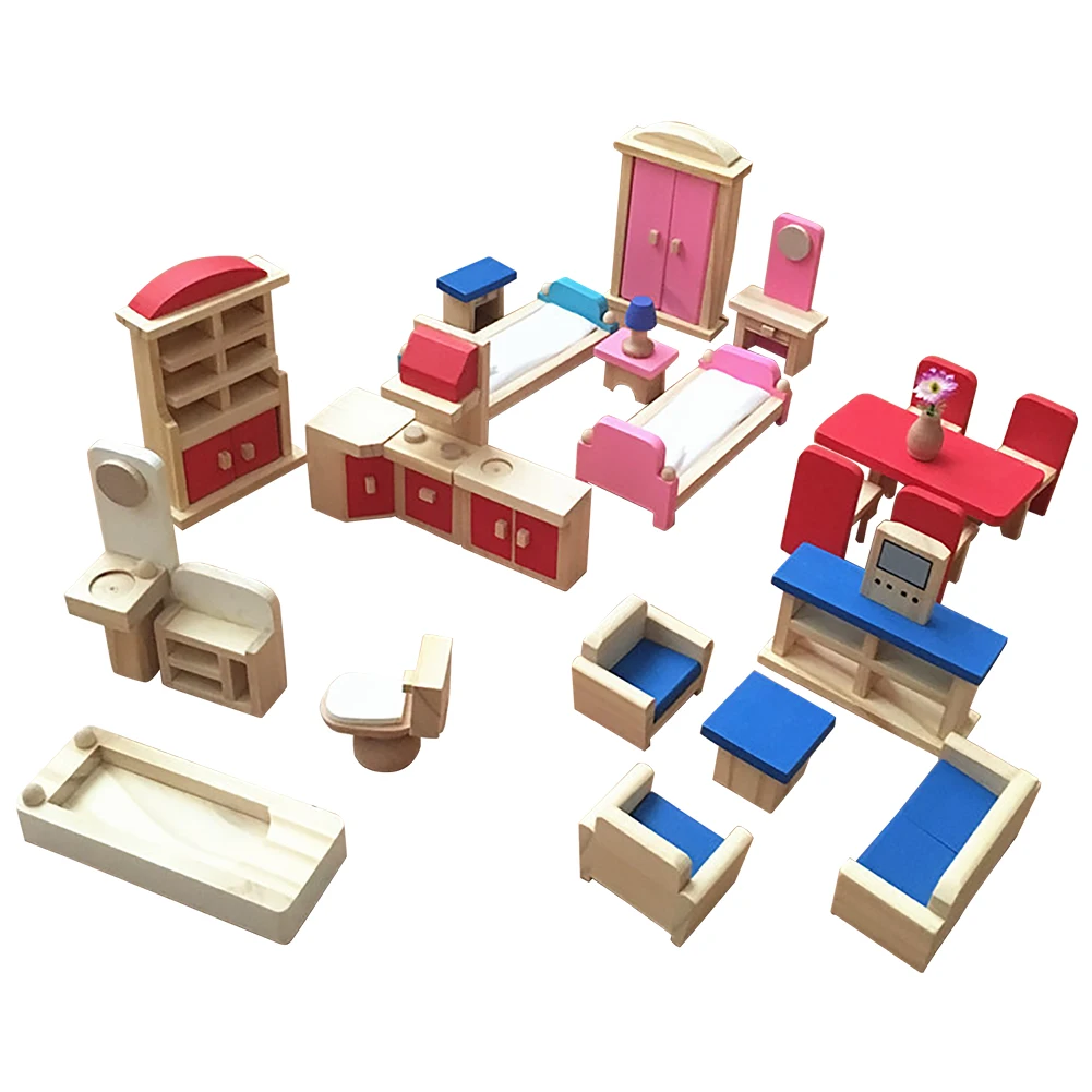 

5sets Kitchen Miniature Kids Toy Gift Simulation Pretend Play Doll House Furniture Living Room Colorful Wooden Bedroom Family