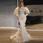 Вечерние платья Русалочки с перьями шампанского 2021, платья для выпускного вечера с кружевами и бусинами, платья с длинными рукавами и высоким воротом, платья на заказ